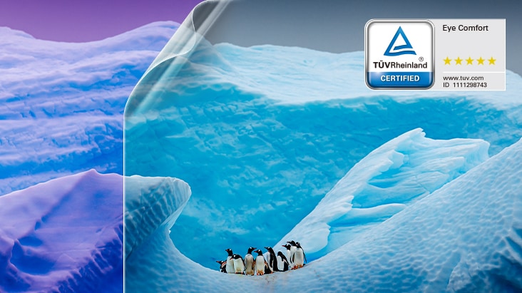 Comparison of blue light reduction effects on a glacier image, illustrating LG’s Live Color Low Blue Light technology certified by TÜV Rheinland.	