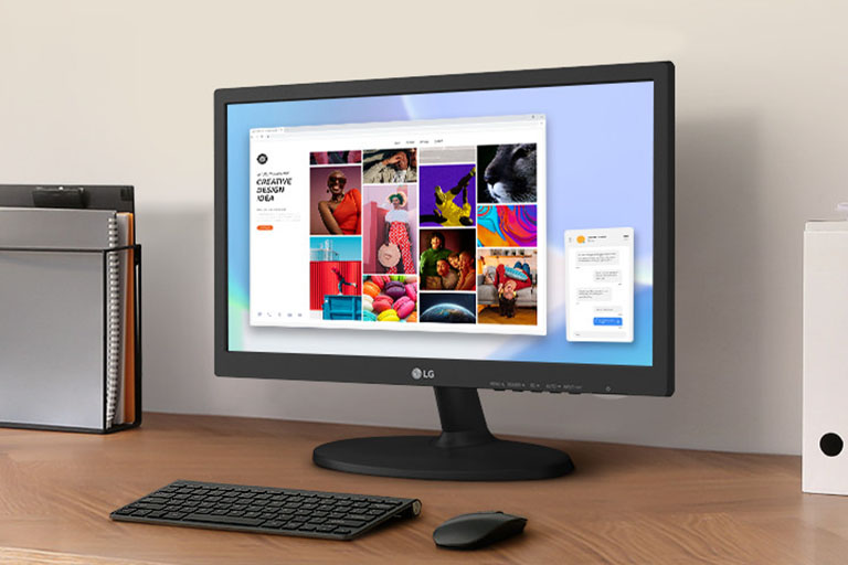 The HD monitor is on the desk, showing clear color images on its screen.	