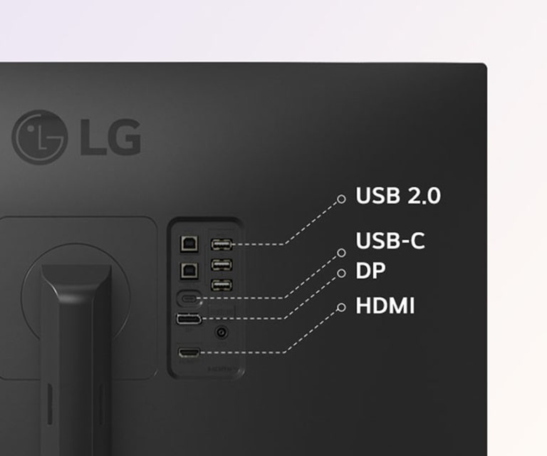 Back of LG monitor showing USB 2.0, USB-C, DP, and HDMI ports for flexible connectivity.