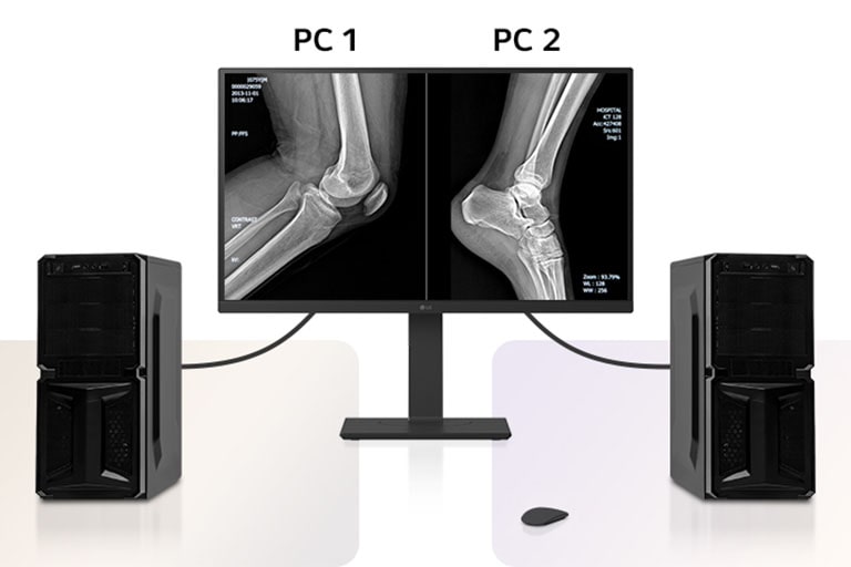 An image showing two PCs connected to a single monitor using Dual Controller and KVM Switch for seamless multitasking.