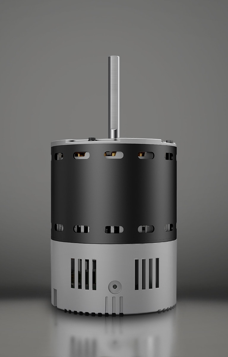 Front-facing view of an LG EC motor component on a flat surface, highlighting its metallic cylindrical body, central output shaft, and black top housing with visible wiring connector.