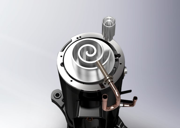 LG 5th generation inverter compressor features a black-covered bottom and metallic central parts with a spiral pattern.