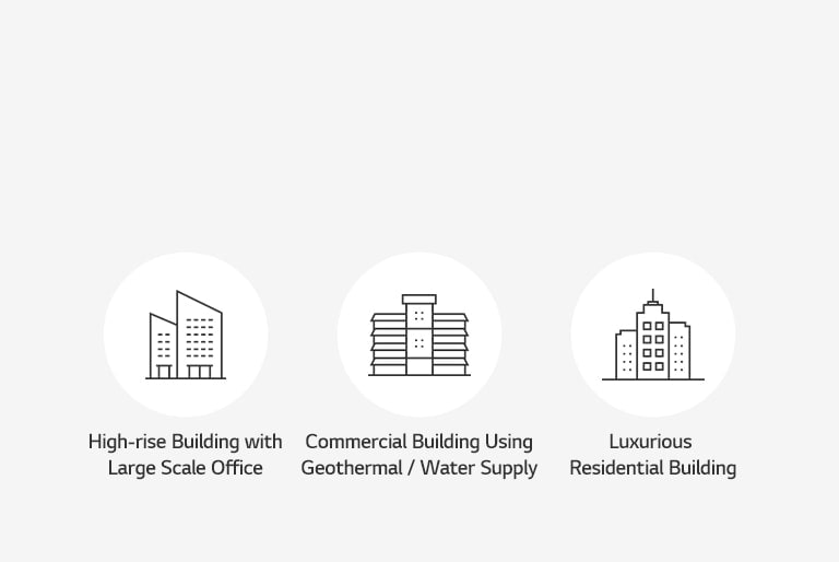 Three white circles from left to right depict outlines of a large-scale office, commercial building, and a luxurious residential at their centers.