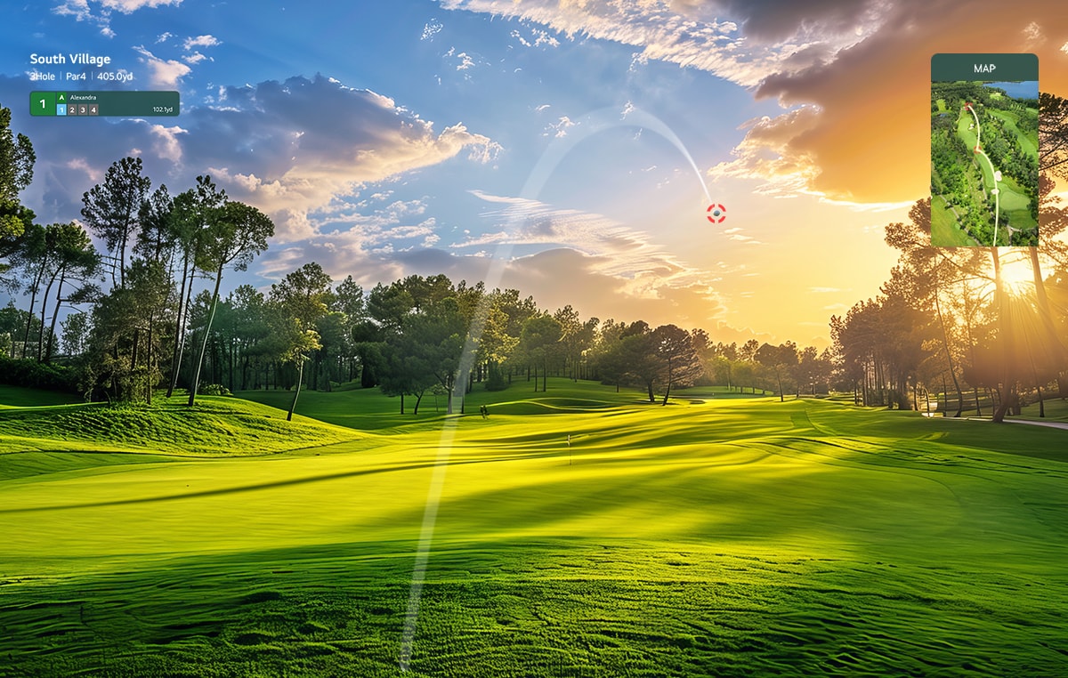 A virtual golf ball is in mid-flight with a stunning sunset on a green golf course and an overhead course map displayed. A virtual golf ball is in mid-flight with a stunning sunset on a green golf course and an overhead course map displayed.