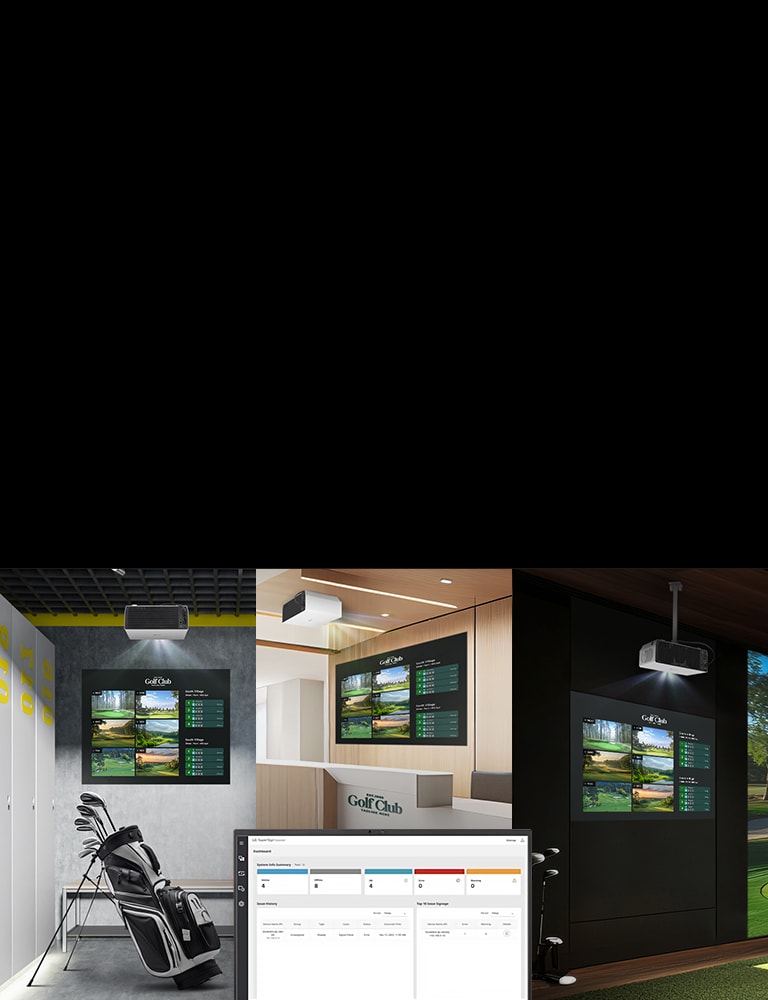 It shows the same screen in three different indoor golf spaces.