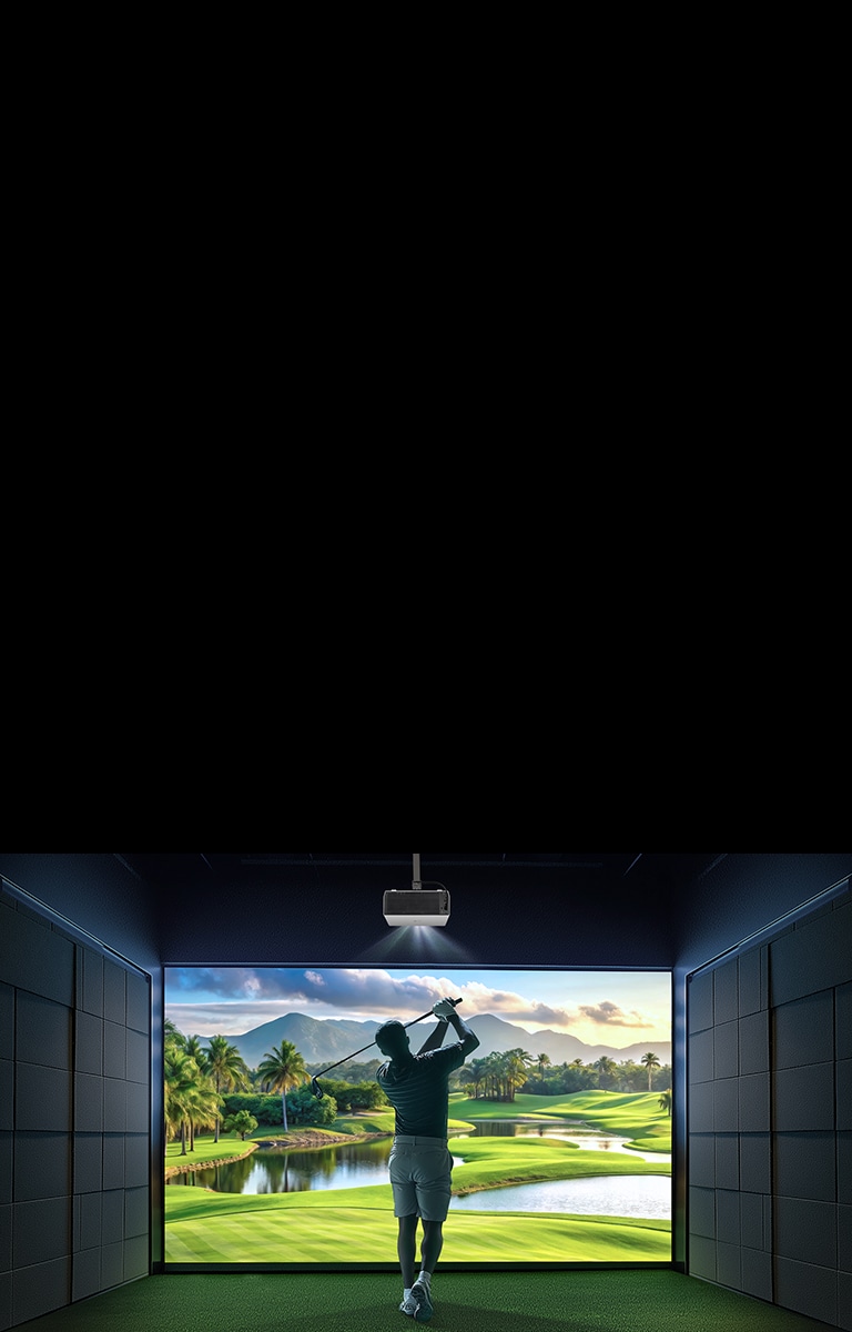 A golfer swinging in a golf clubhouse with a screen displayed using an LG projector.