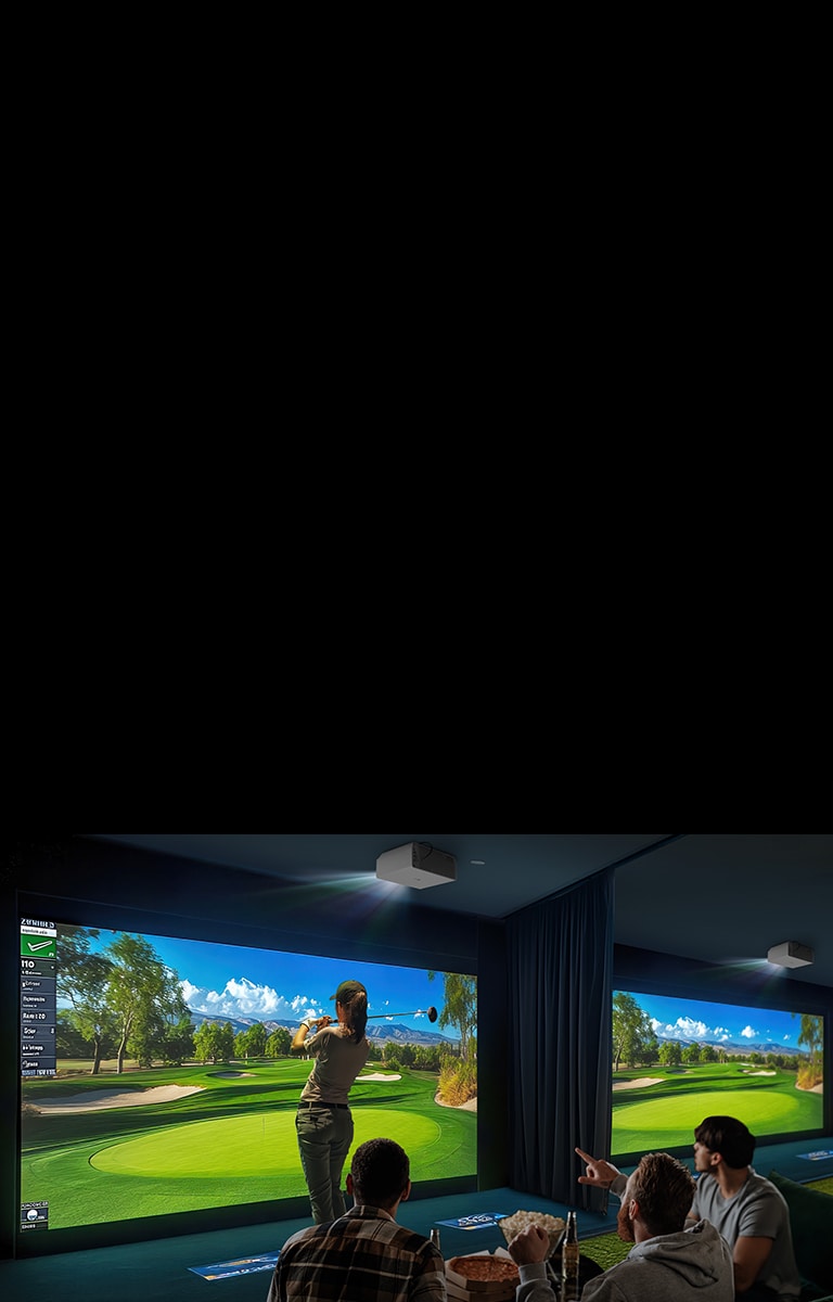People watch a golfer practicing on a golf simulator with bright, vivid visuals displayed by LG ProBeam projectors.