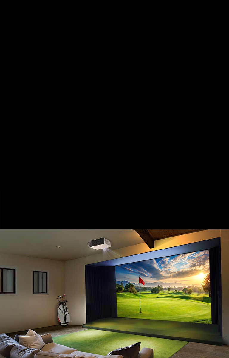 A residential space with an LG ProBeam projector displaying a scenic golf course at sunset.
