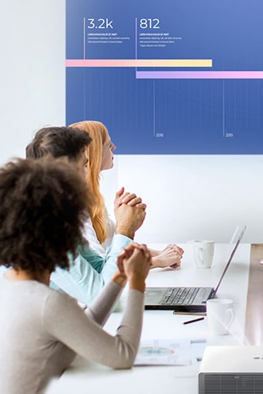 Five people are having a meeting in a bright room, viewing a vibrant display with the LG ProBeam projector.