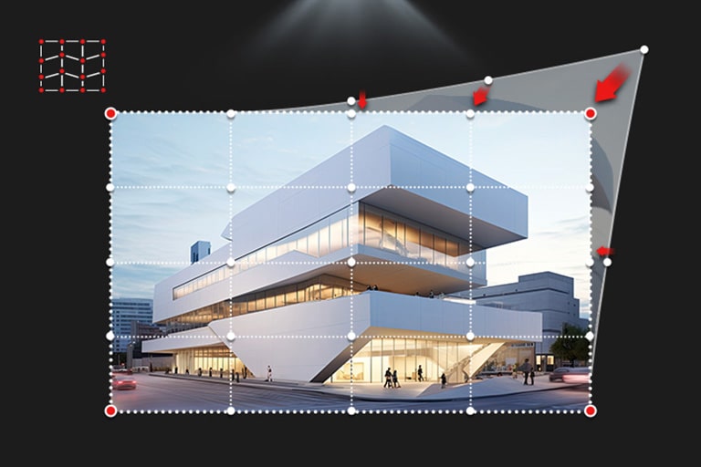 An LG ProBeam projector display showcasing point warping technology to adjust image alignment perfectly on an uneven surface.