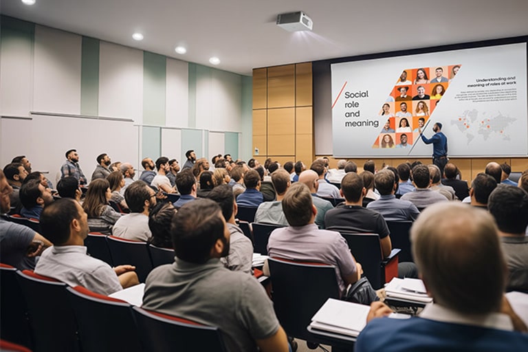 A conference room with attendees watching a presenter beside a screen displaying "Social role and meaning" with headshots and a world map.