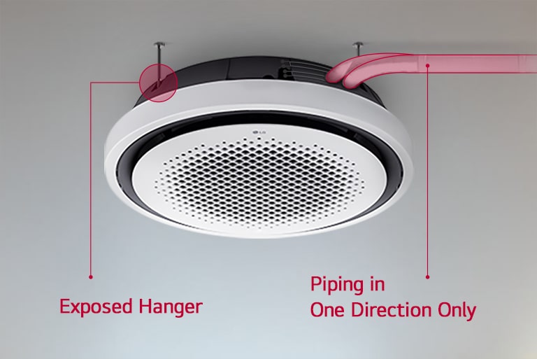 The LG Round Cassette showcases its Minimal Exposure Design with a streamlined surface that conceals components and includes highlighted features, including an exposed hanger and piping in one direction.