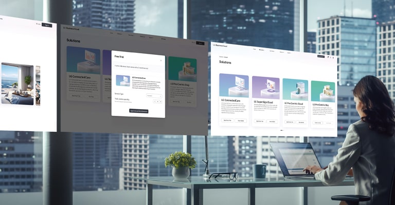 This image captures a scene of an administrator managing a solution on a laptop, with various solution site pages appearing above.