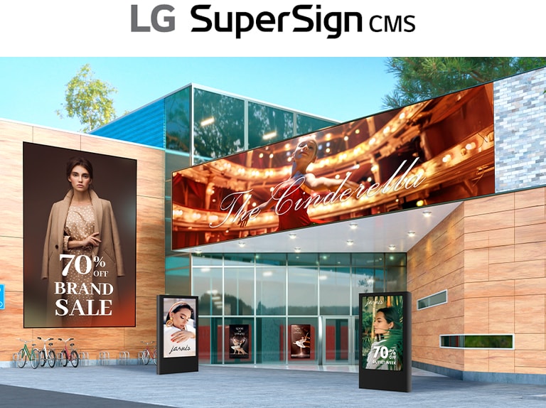 It displays a virtual space where various types of signage, such as large LED displays, window-facing displays, and open-frame displays, are being used.