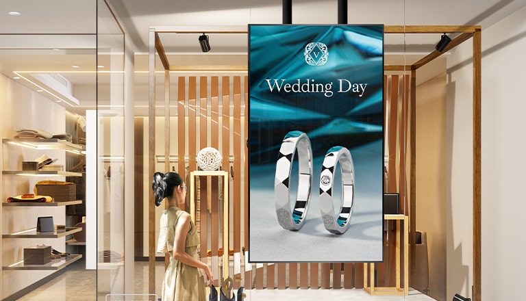 A department store with a signage display showing content distributed via LG SuperSign CMS.