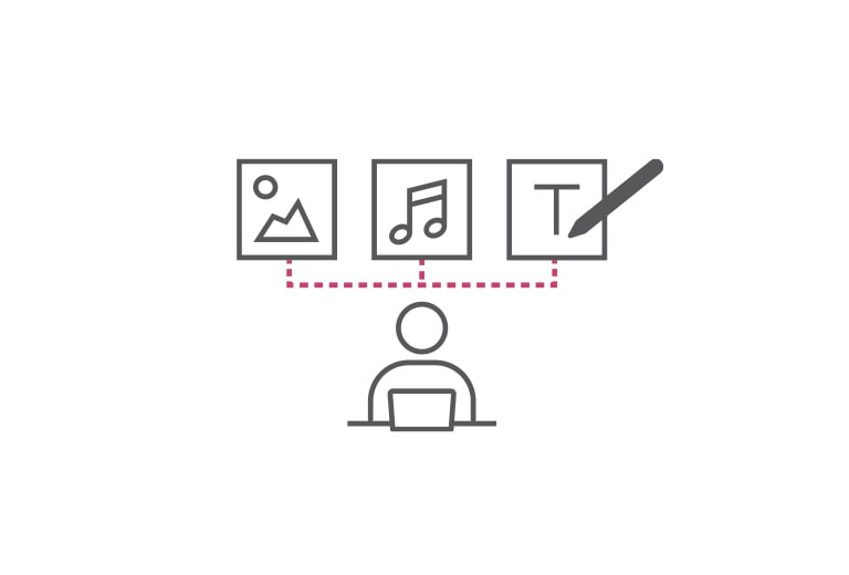 This image showcases the Editor features of LG SuperSign CMS, with various creation tools for music, images, widgets, and videos represented through simple icons.