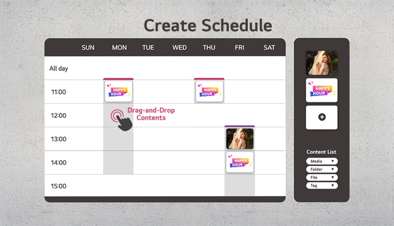 The example shows how to easily set up content distribution schedules using the drag and drop feature.