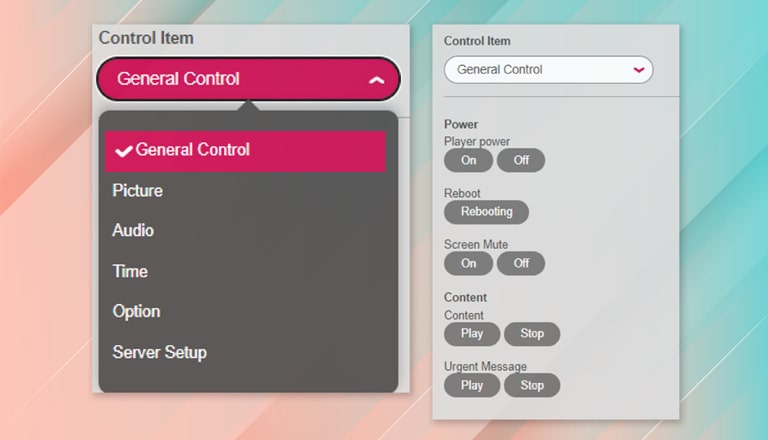 The image shows an example of device control using LG SuperSign CMS.