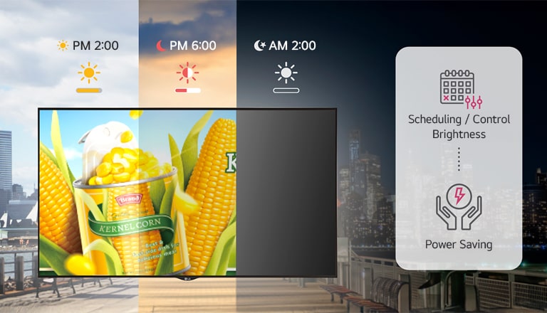 Utilizing LG SuperSign CMS, brightness of signage can be adjusted based on external lighting conditions to optimize power consumption. The scheduling feature is used to adjust the brightness, maintaining maximum brightness at 2 PM and gradually reducing it as it gets darker by 6 PM. The image also illustrates that the power can be turned off at 2 AM.