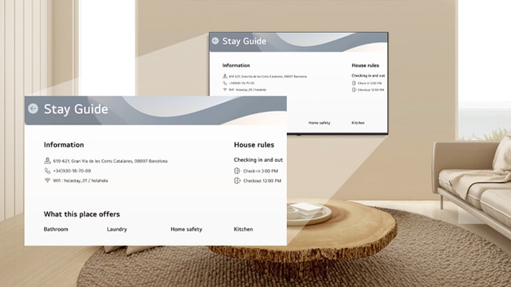 This image portrays a digital guidebook displayed on a hotel room TV, with an enlarged view for better readability.