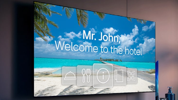 An example is shown where a welcome message for guests is being distributed to a hotel room TV using the LG Pro:Centric Cloud.
