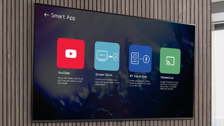 With the 'Smart Apps' feature provided by LG Pro:Centric Cloud, hotels can preset each app icon to display on the hotel TV, such as streaming services like Netflix or YouTube, or an internet browser. The image is simply illustrating this 'Smart Apps' feature.
