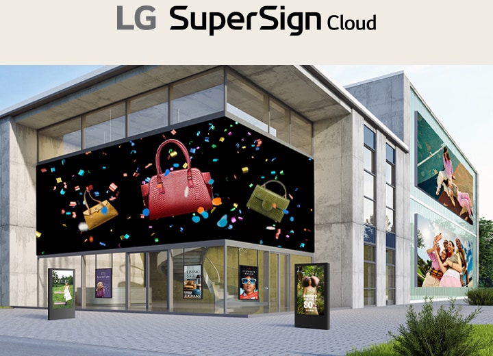This image provides an example of how LG SuperSign Cloud distributes content across multiple outdoor digital signages.