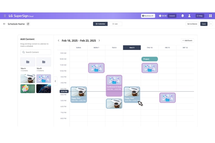 This image highlights that content schedules can be easily managed with LG SuperSign Cloud through an easy-to-use drag-and-drop interface.