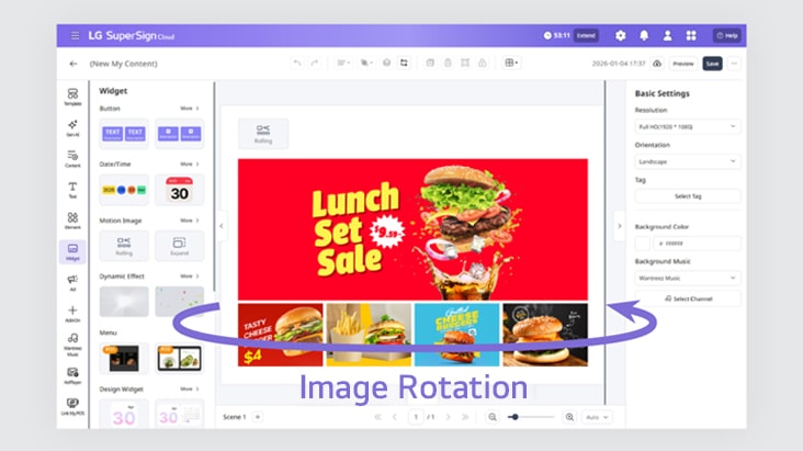The image illustrates an example of applying motion effects to content using LG SuperSign Cloud features.