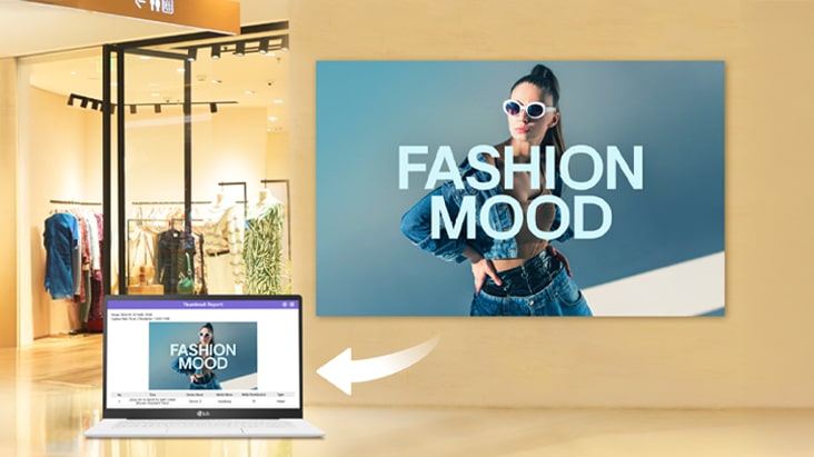 The image explains the “Verify Content Playback” feature of LG SuperSign Cloud, showing device screen captures taken at set intervals to confirm content playback.