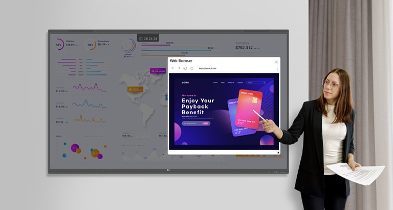 During the presentation, a woman is using the web browser feature, searching in real-time, and sharing the results with others.