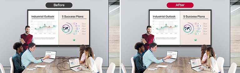 Two images are shown side by side for a before-and-after comparison. One image displays multiple cables connected to different devices used for screen sharing during the meeting. The other image shows a tidy table with screen sharing facilitated wirelessly through the wireless screenshare feature, eliminating the need for multiple cables.