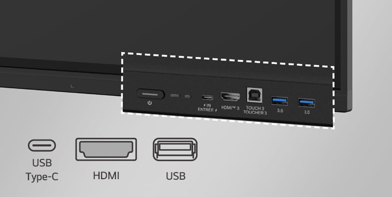 LG interactive digital board has ports on the front such as USB and HDMI.