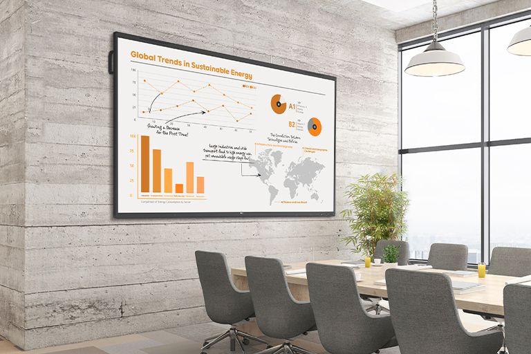 In the conference room, there's a large TR3PN installed on the wall, vividly displaying materials for the meeting on the screen.