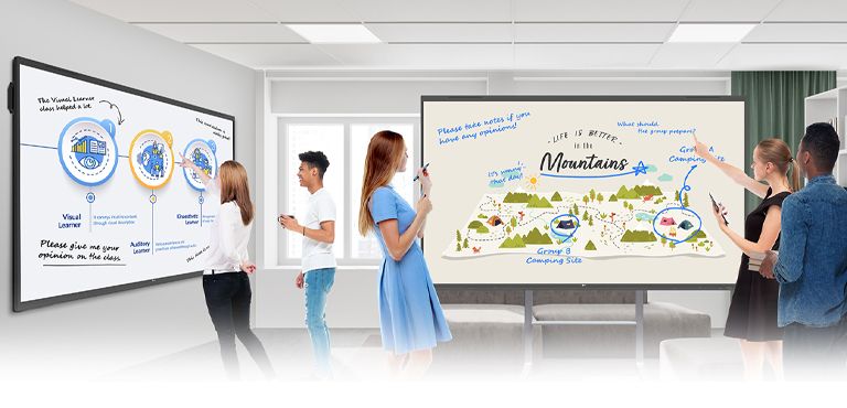 In the ideation space of the lecture room, there are two TR3PNs—one mounted on the wall and the other a stand-alone unit. Students freely share their opinions by writing on the TR3PNs.