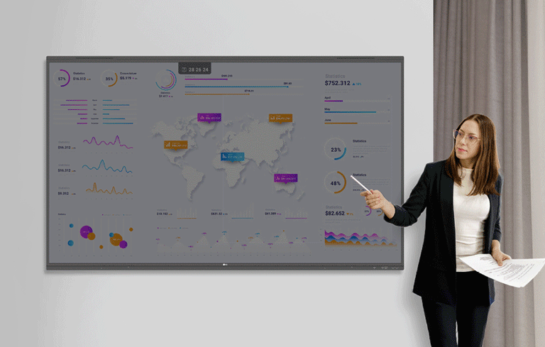 During the presentation, a woman is using the web browser feature of the TR3PN, searching in real-time, and sharing the results with others.