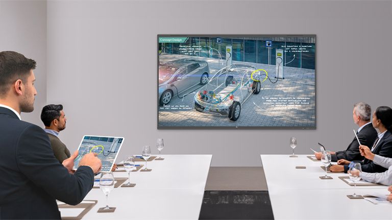 A presentation is underway in the TR3PN-equipped meeting room, with the presenter seamlessly controlling his materials via wireless screen sharing on his tablet.