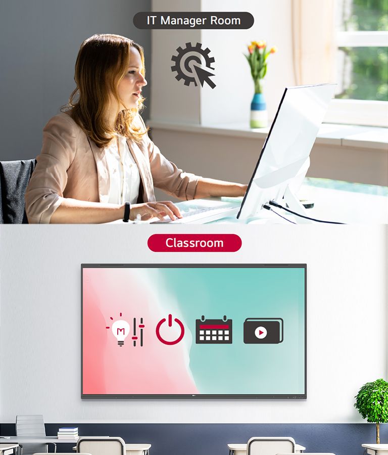 The IT manager can remotely control devices in the classroom such as the power on/off, scheduling, brightness, and screen lock functions.