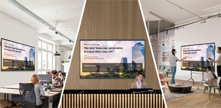Messages and a range of other content can be sent from the main system to individual devices connected to LG ConnectedCare DMS. Company events or announcements can be broadcasted remotely from the cental system at once.