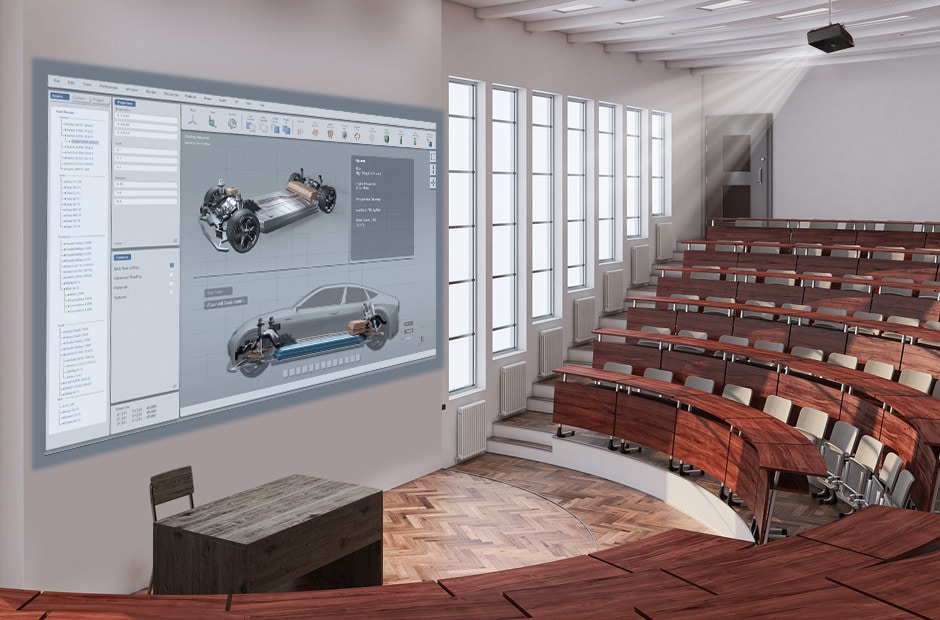 A projector is mounted on the lecture hall ceiling, displaying educational materials related to cars. A projector is mounted on the lecture hall ceiling, displaying educational materials related to cars.