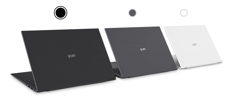 Three LG gram laptops are lined up diagonally.