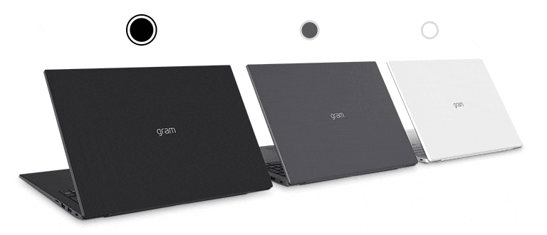 Three LG gram laptops are lined up diagonally.