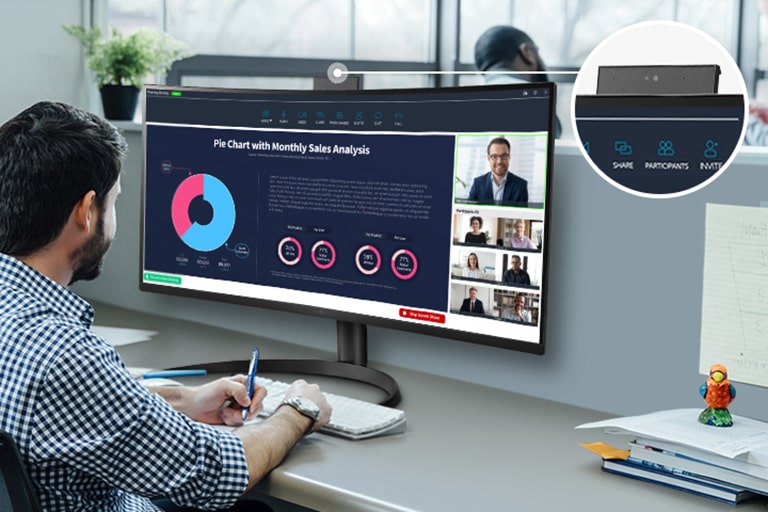 Featuring the push-pull type built-in Full HD webcam with powerful security and the integrated speaker, to host various meetings and video conferences.