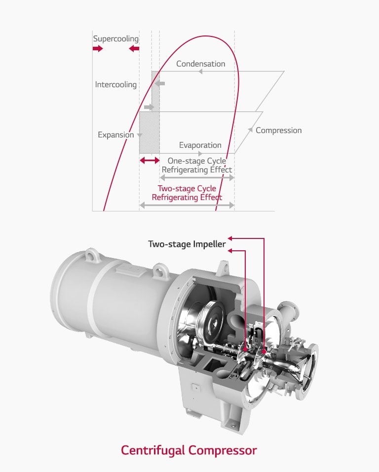 Inside view of a high-efficiency two-stage compressor, the following graph shows energy efficiency improvement over a one-stage compressor.