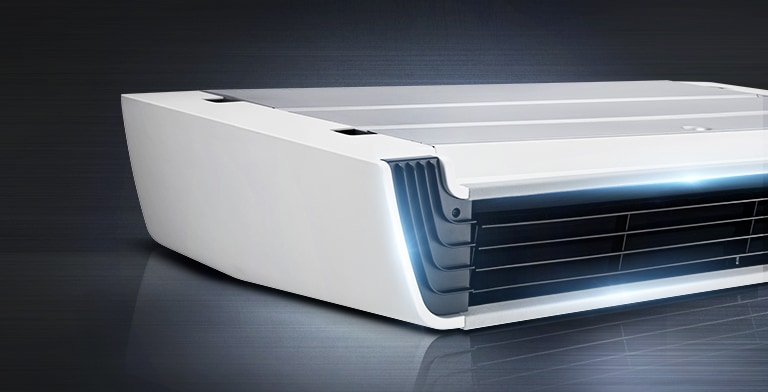 The front-side view of the LG Ceiling Suspended unit is partially visible, with its black duct area glistening prominently.