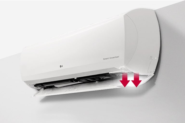 LG Wall Mounted Unit is displayed in a side-front view, with the detachable bottom cover open and two arrows indicating the direction of opening.