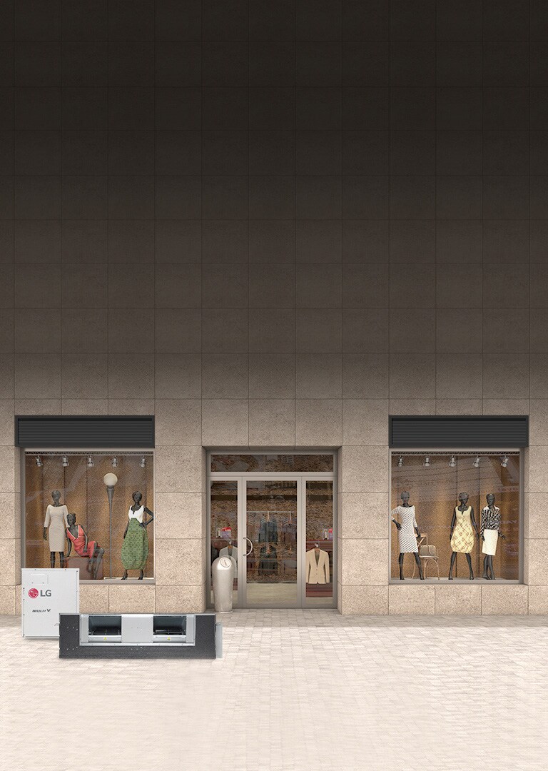 Luxury boutique exterior with sand-colored tiles and dual show windows flanking the door. Two LG Multi V M units sit at the lower left.