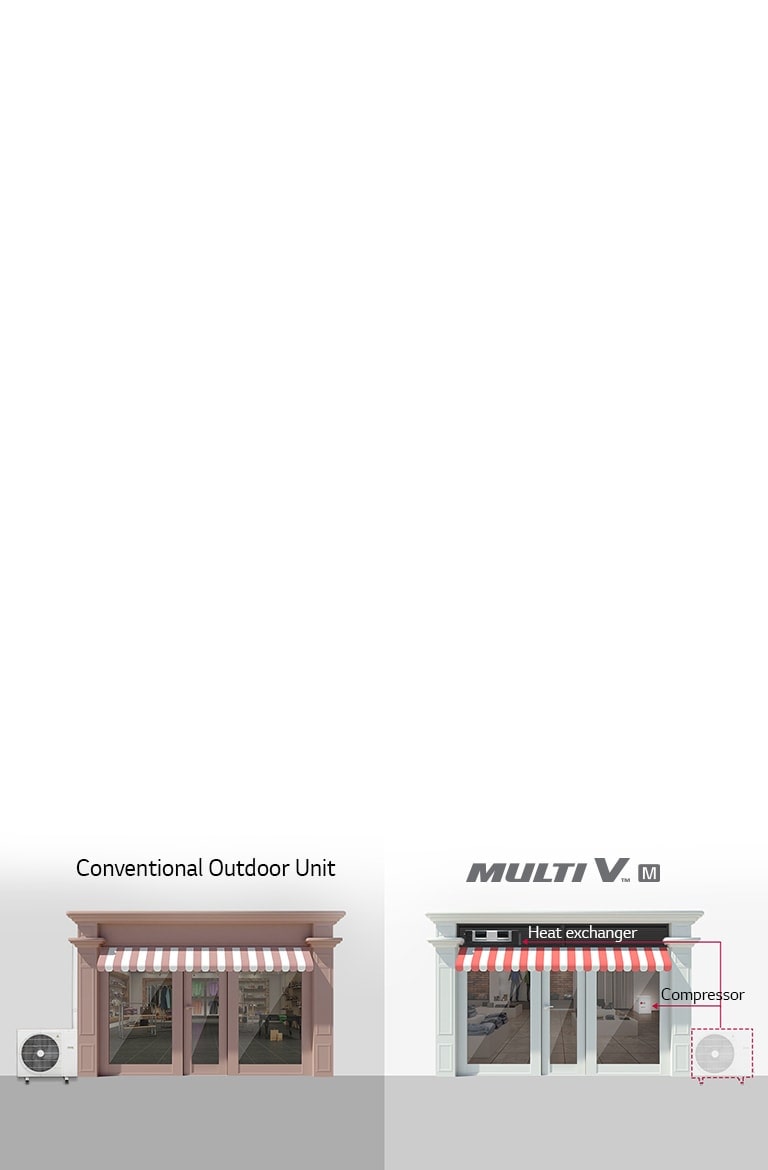 Shop comparison, left has conventional outdoor unit, right features LG Multi V M. Right shop tucks compact compressor indoors.