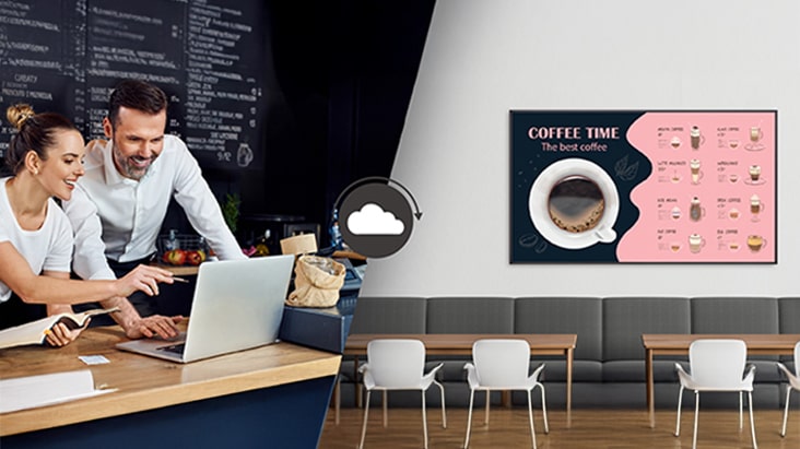 Café managers are creating menus that will be displayed on the display installed on the café wall using content management software.
