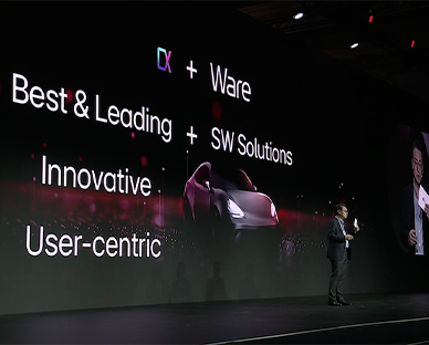 Picture of a man who addresses a presentation regarding LG software solution related to vehicle